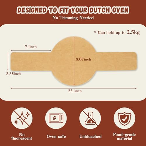 Unbleached Parchment Paper for Sourdough Baking, 8" Round, 50 Sheets with Long Handles