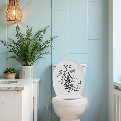 Elegant Black Butterfly Floral Toilet Seat Lid Decal - Removable PVC Sticker