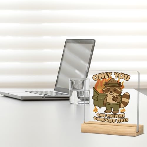 Raccoon Dumpster Fire Desk Sign - Funny Acrylic Office Decor 4x4"
