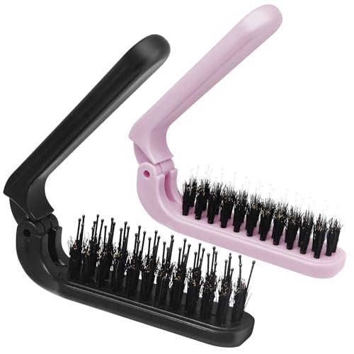 Qjaiune 2-Pack Foldable Boar Bristle Hair Brush - Compact Anti-Static Travel Hairbrush for Purse and Gym