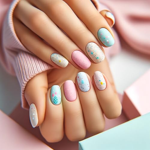 KKUUOO Easter Press on Nails Short Matte Square Fake Nails Colorful Egg Design