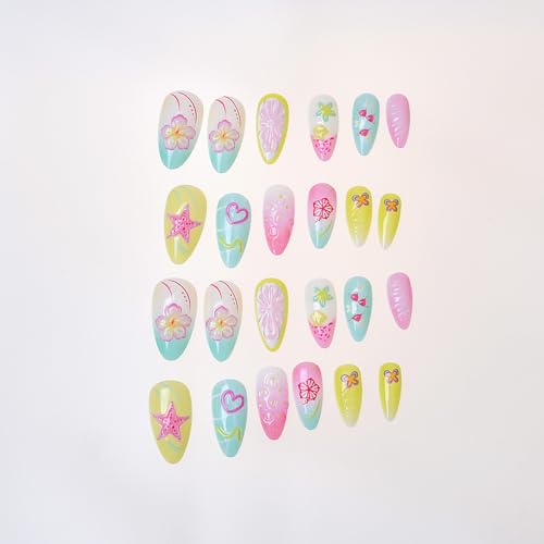 Medium Almond Press on Nails 3D Flower Fruit False Nails 24Pcs