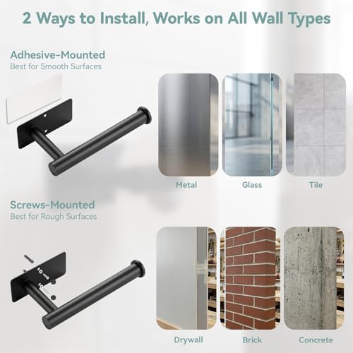 Black Toilet Paper Holder - Wall Mount, Adhesive or Screw Installation, Durable Stainless Steel