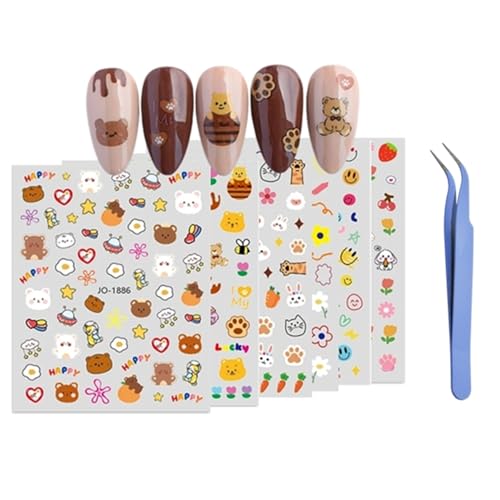 Cute Nail Stickers for Kids 6 Sheets Self Adhesive Decals Animals Fruits