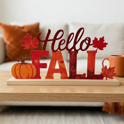 Hello Fall Metal Sign with Wooden Base - Autumn Table Decor