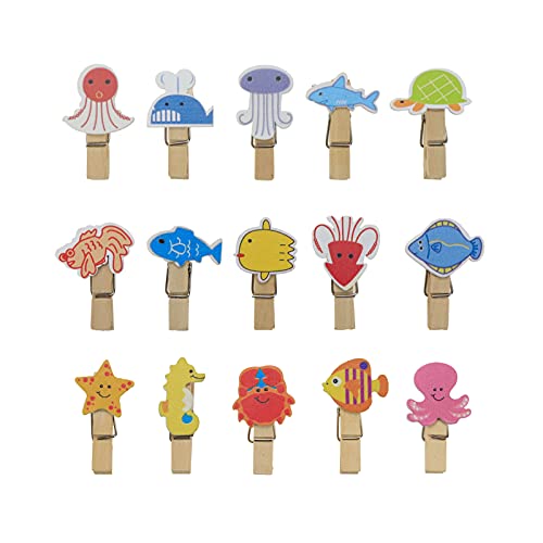 Bitray Mini Wooden Clothespins Ocean Animal Pattern Clips - 40pcs