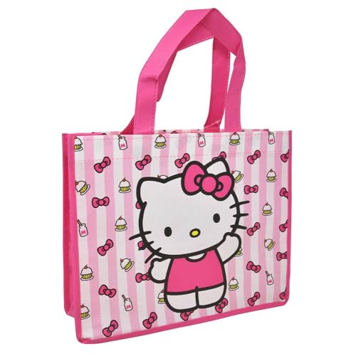 Hello Kitty Reusable Shopping Tote Bag - Pink Striped Cupcake Design, Medium