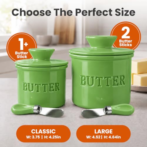 Green Butter Crock with Lid and Spreader Knife - Ceramic French Butter Dish