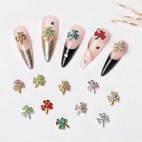 St. Patrick's Day Shamrock Nail Charms 3D Metal Crystal Clover Gems 12Pcs