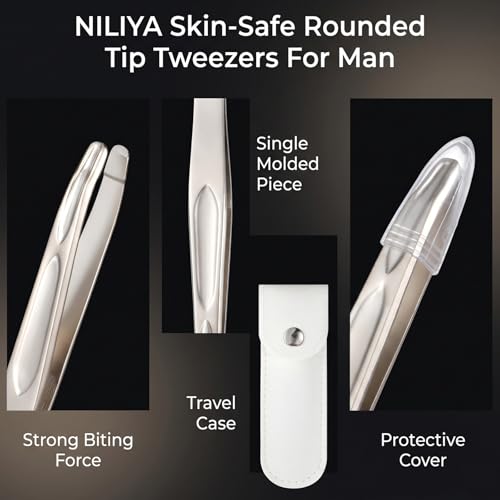 Gold Stainless Steel Round Tip Tweezers with Travel Case for Facial Hair