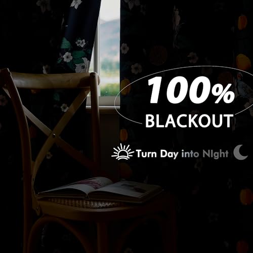 NICETOWN 100% Blackout Floral Curtains for Bedroom, W52 x L84 2 Panels, Hummingbird Lemon Botanical Print Design Thermal Insulated Privacy Drapes, Black Out Curtains for Living Room, Farmhouse
