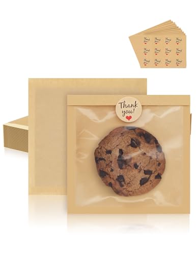 FireKylin 100pcs Kraft Cookie Bags with Window, 5.7"x6.5" Bakery Packs