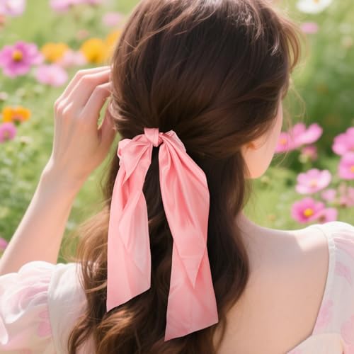 Esitrormi 3-Piece Pink Satin Hair Scrunchies with Bow and Ribbon