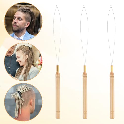 3 Pcs Wooden Hair Extension Loop Needle Kit and Threader Pulling Hook Tool