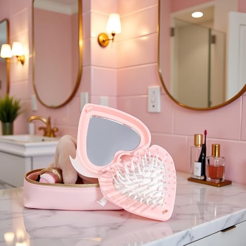 Heart Shape Folding Hair Brush with Mirror Compact Travel Pink