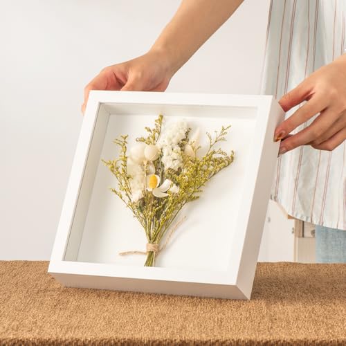 8x8 White Shadow Box Frame with Real Glass and Linen Backing