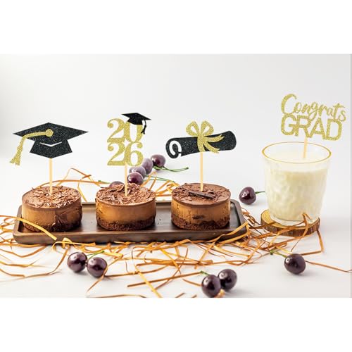Black Gold Graduation Cupcake Toppers - Class of 2026, 24 Pack
