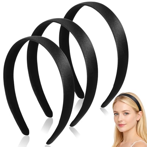 Tiesome 3-Pack Satin Black Headbands for Women 0.8 Inch Wide Non-Slip