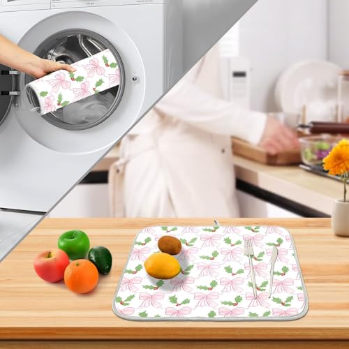 Pink Bow Dish Drying Mat - Absorbent Kitchen Drainer 18"x16"