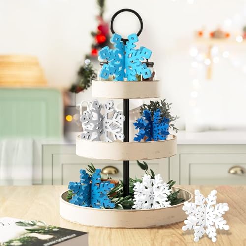 White Silver Blue Wooden Snowflake Decorations Set of 6 - 3D Christmas Table Decor