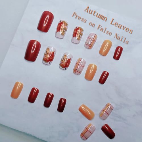 Fall Maple Leaf Press On Nails Medium Square Thanksgiving False Nails
