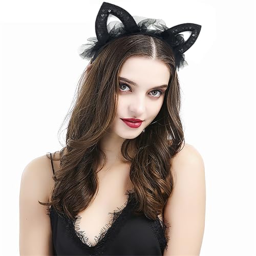 Black Lace Cat Ears Headband with Bow and Polka Dots for Halloween Costume