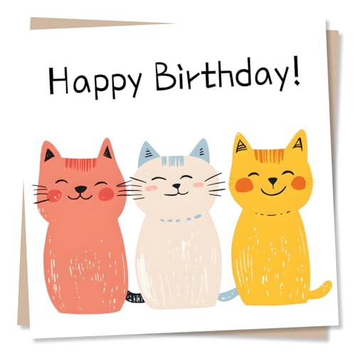 Happy Birthday Card for Cat Lovers - Colorful Design - Blank Inside