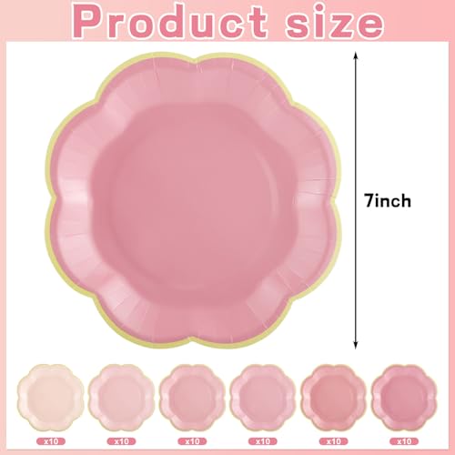 60 Pcs Pink Paper Plates - 7 Inch Gradient with Gold Edge