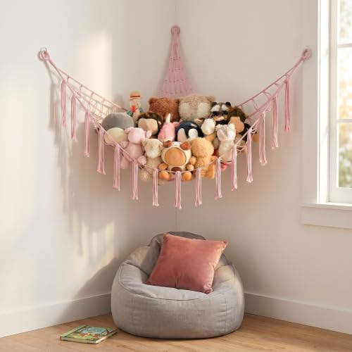 Large Cotton Stuffed Animal Storage Hammock - Pink Macrame Organizer