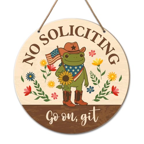 Funny Frog No Soliciting Sign - L Size Rustic Wood Hanging Door Plaque