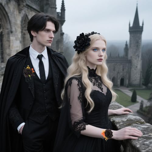 Black Rose Wrist Corsage and Boutonniere Set for Wedding Prom