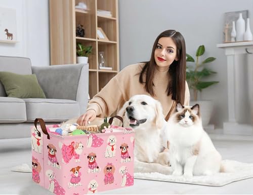 Pink Dog Toy Basket Collapsible Storage Bin for Pet Supplies - Large