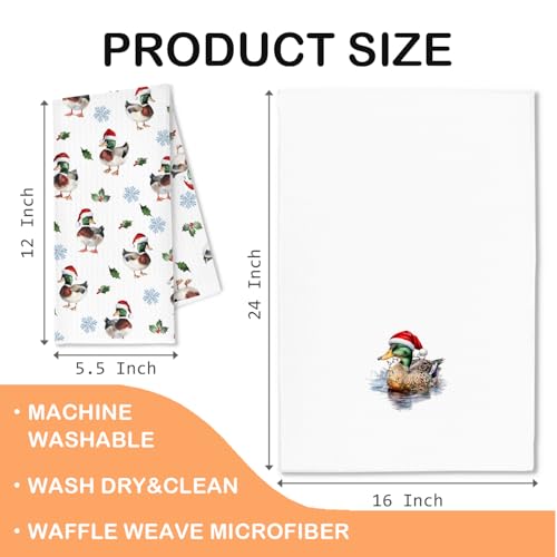 Winter Christmas Duck Kitchen Towels Set of 2 - Duck & Santa Hat Design