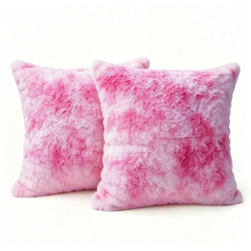 QIFONIX Rose Textured Faux Fur Throw Pillow Covers, Pink & White, 18x18