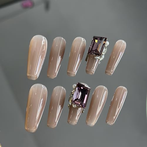 Ricefod Handmade Dusty Pink Press on Nails with Luxury Square Diamonds