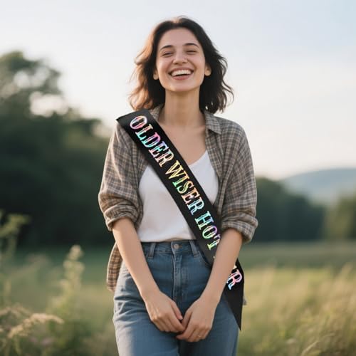 Older Wiser Hotter Birthday Sash with Iridescent Foil - Black