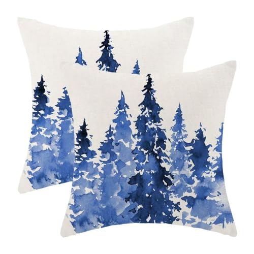 Blue Christmas Tree Pillow Covers Set of 2, 18x18 Inch Holiday Couch Decor