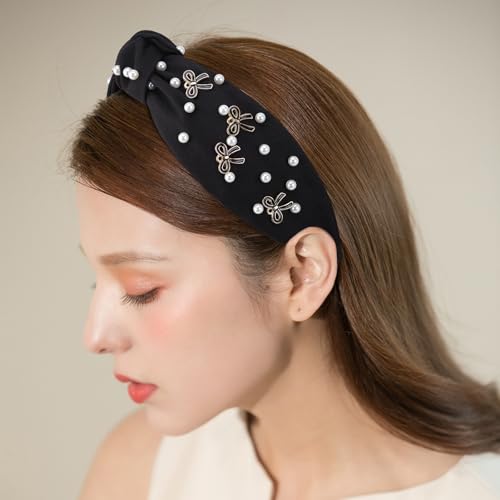 Santoddle Pearl Knot Headband for Women Black Wide Hair Band