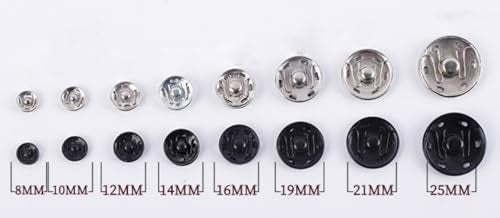 JOSDIOX 100 Sets Sew-On Snap Buttons, 10mm Black & Silver Fasteners
