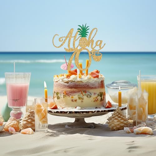 Aloha 70 Cake Topper - Gold Glitter Hawaiian Birthday Decorations