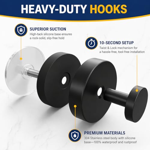 KORCCI Suction Cup Hooks - Waterproof 15LB Capacity, 2 Pack