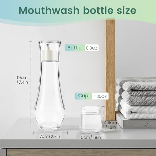 Tokusatsu Glass Mouthwash Dispenser with Cup Lid, 8.8 oz Bathroom Decanter