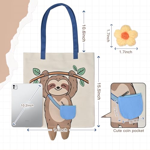 COSHAYSOO Sloth Canvas Tote Bag - Cute Animal Print Reusable Grocery Bag