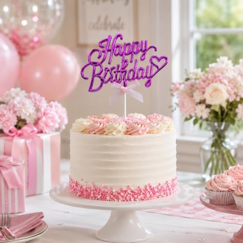 Purple Acrylic Happy Birthday Cake Topper with Heart & Bow