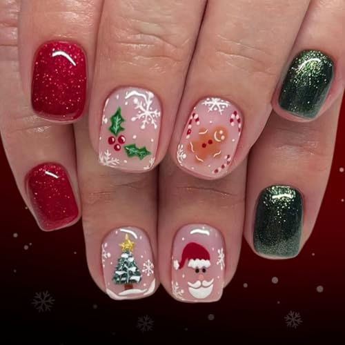 Christmas Press On Nails Short Green and Red False Nails with Holiday Designs