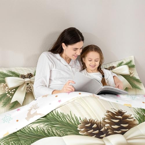 Beige Green Twin Comforter Set with Pinecone Leaves Pattern - Kids Bedding
