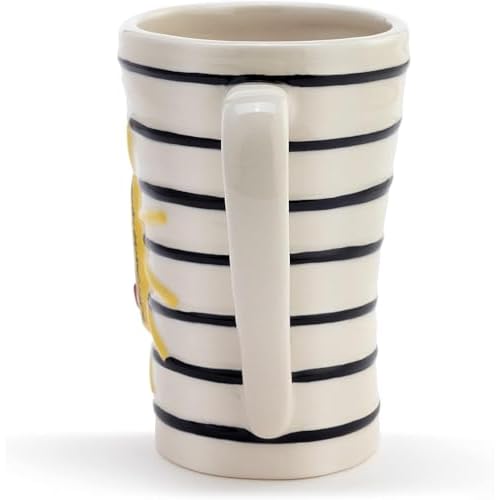 DEMDACO Bright and Cheery Sun and Stripes Sunshine Yellow on Black and White Backdrop 16 Ounce Ceramic Stoneware Coffee Cup Mug