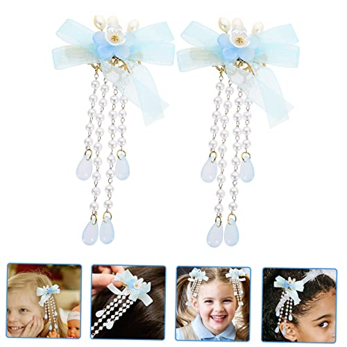Chinese Style Flower Hair Barrette with Pearl and Tassel Drop, 2 Pcs