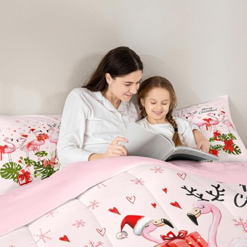 King Comforter Set Pink Flamingo Cartoon Bird All Season Bedding with Microfiber Polyester