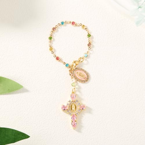 Virgen De Guadalupe Car Charm - Gold-Pink Cross Pendant Decor